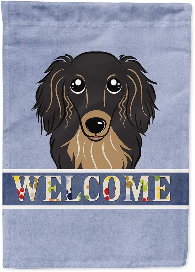 Caroline's Treasures BB1399CHF Longhair Black and Tan Dachshund Welcome House Flag, Blue Large Porch Sleeve Pole Decorative Outside Yard Banner Artwork Wall Hanging, Polyester, House Size, Multicolor