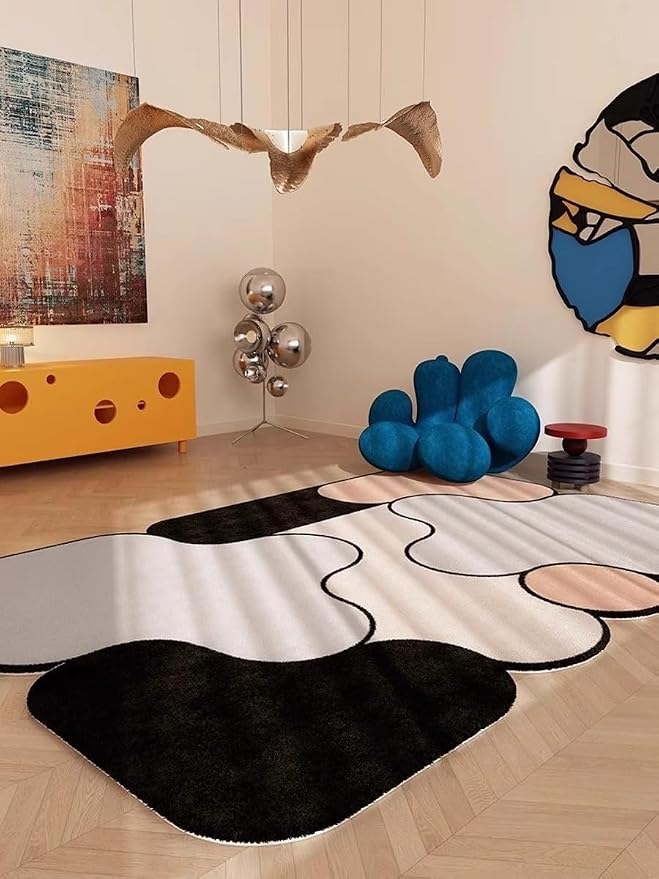 Unique Contemporary Geometric Design Irregular Shape Faux Wool Area Rugs for Living Room Dining Room Office Dorm Decor Black Beige Taupe Funny Mats Easy Clean Thin Quick Dry Durable Carpets 5x7