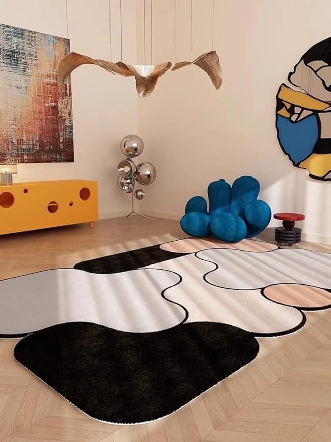 Unique Contemporary Geometric Design Irregular Shape Faux Wool Area Rugs for Living Room Dining Room Office Dorm Decor Black Beige Taupe Funny Mats Easy Clean Thin Quick Dry Durable Carpets 7x12