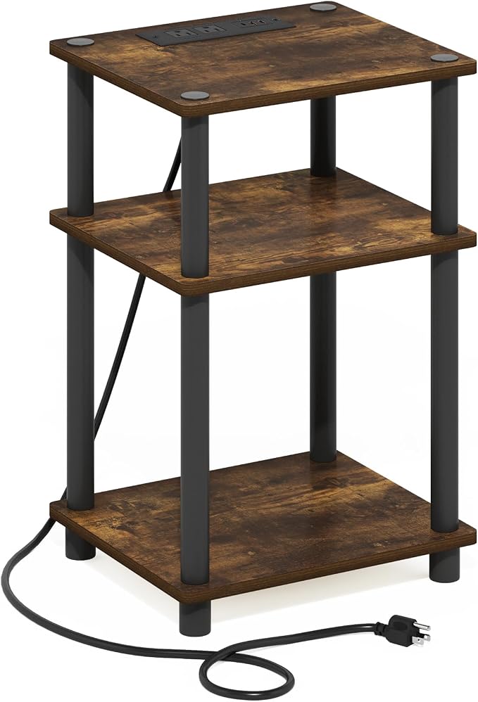 Furinno Just 3-Tier Turn-N-Tube USB and Type-C Charging Port End Table with Open Storage, 11.42 (W) x 8.82 (H) x 6.77 (D) inches, Amber Pine/Black