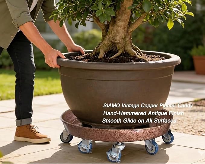 SIAMO 20" Heavy Duty Plant Caddy (570lbs Capacity)-Lockable Non-Scratch Swivel Casters Rolling Plant Stand Saucer for Large Ceramic Planters & Heavy Trees Indoor & Outdoor,Copper,1-Pack