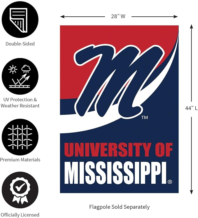 NCAA University of Mississippi House Flag, 28 x 44, Double Sided Garden Flags for Outside, Outdoor College Flags & Banners for Gardens Patio, Indoor Wall Decor Flag for Room