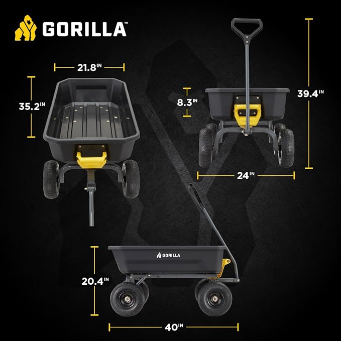Gorilla Carts Heavy-Duty Dump Cart, Patented Quick-Release Dumping, Steel Frame, 600 lb Capacity, No-Flat 10-Inch Tires, Utility Wagon for Garden, Yard, Beach