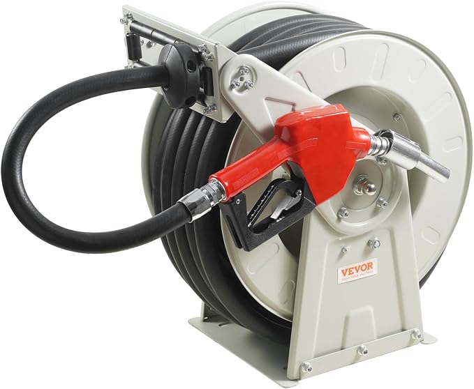 VEVOR Fuel Hose Reel, 1" x 50', Extra Long Retractable Diesel Hose Reel, Heavy-Duty Carbon Steel Construction with Automatic Fuel Nozzle, NBR Rubber Hose for Aircraft Ship Vehicle Tank Truck, 300 PSI