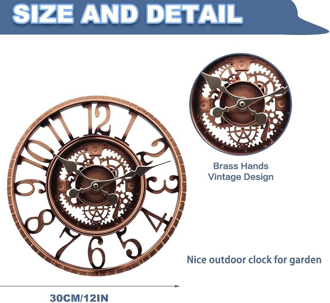 Outdoor Wall Clock for Garden, Patio and Deck, 12in Garden Clock Waterproof Clocks -Not Silent (Red Copper)