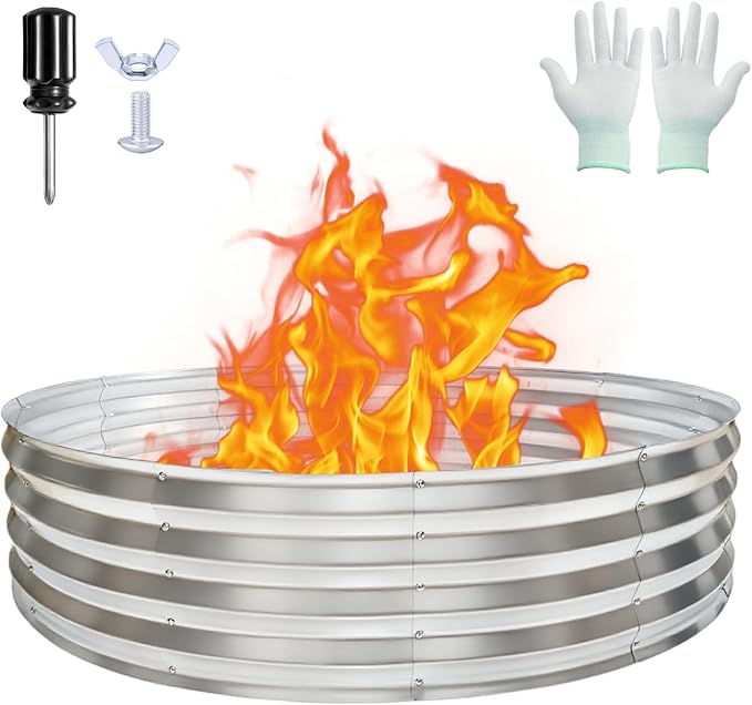 48 Inch Round Galvanized Fire Pit Ring, Durable Steel Bonfire Ring for Backyard, Patio & Camping, Weatherproof & Quick Setup (4×4×1 FT)