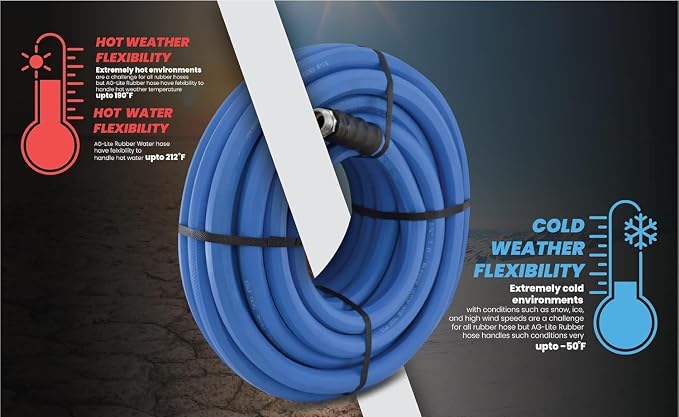 AG-LITE BSAL5825 5/8" x 25' Hot/Cold Water Rubber Garden Hose, 100% Rubber, Ultra-Light, Super Strong, 500 PSI, 50F to 190F Degrees, High Strength Polyester Braided