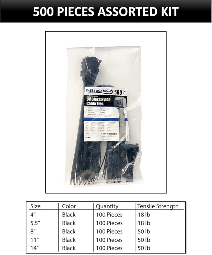 Kable Kontrol Zip Ties Assorted Sizes 500 Pcs Variety Pack Kit, 4+5.5+8+11+14 Inch Bulk Zipties Multi Pack Cable Tie Wraps, UV Resistant Nylon Wire Ties, for Indoor Outdoor Cable Management, Black