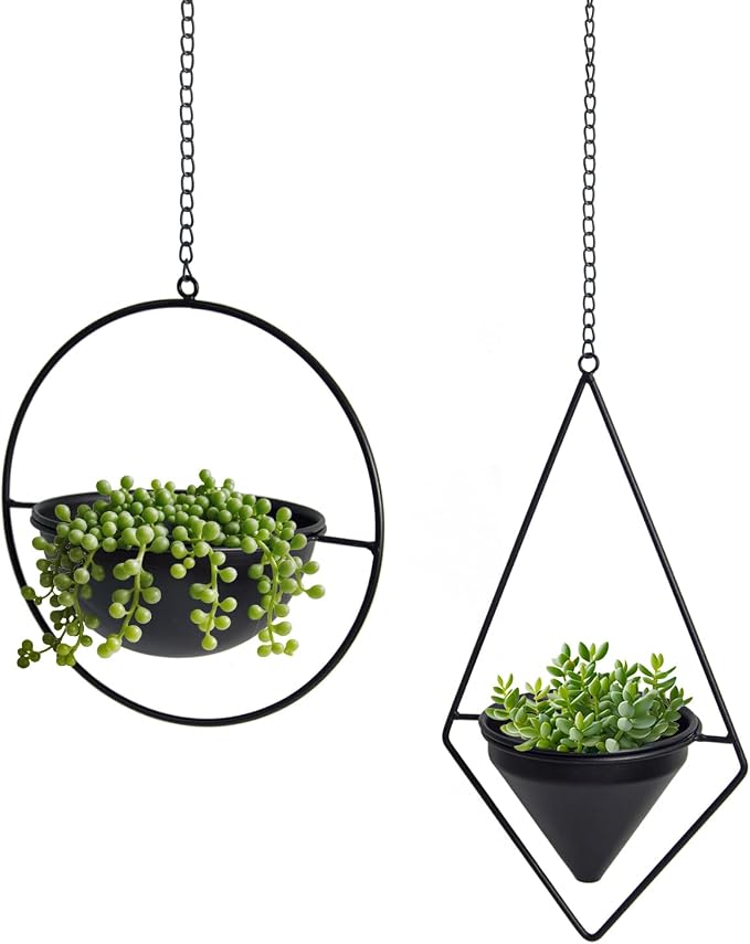 Metal Hanging Planters Set of 2 Modern Indoor Plant Hanger with Round and Diamond Pots, Geometric Small Wall and Ceiling Hanging Plant Holders for Succulents and Herbs, Black Finish
