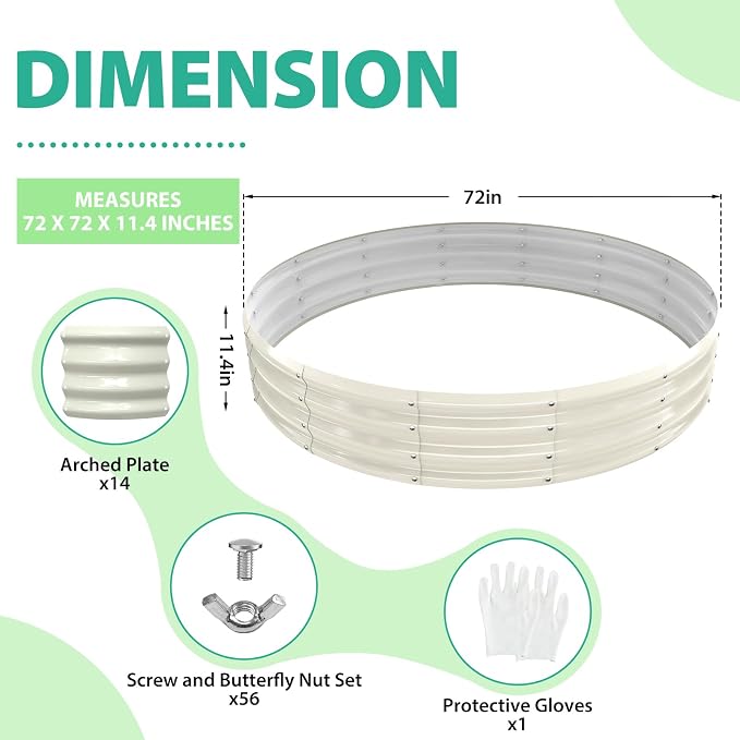 YSEJOMP 6FT Diameter Galvanized Garden Raised Bed/Plant Box/Fire Pit Ring-0.8mm Thick,12 Inch Tall,Crimped Edge and Corner,No Sharpe,Perfect for Plantings (Cream White, 72 Dia X 12 inches)