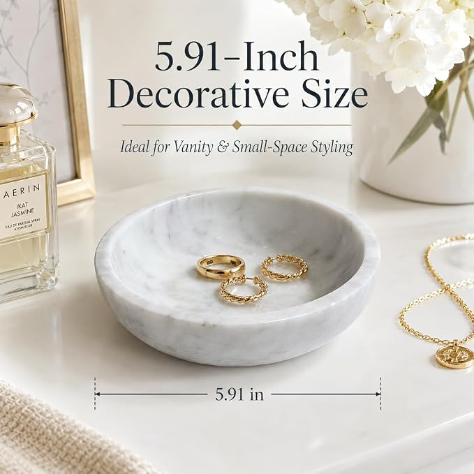 White Marble Decorative Bowl, 5.9-Inch Small Natural Stone Catchall Dish for Keys, Rings, Jewelry and Trinkets, Entryway Table, Vanity, Nightstand and Dresser Decor