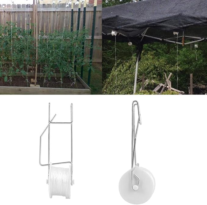 20 Pack Tomato Trellis Roller Hooks with 49.2FT String for Tomato,Plant, Greenhouse,Flower Vine Twine Crop Trellis Kit Plant Roller Hook