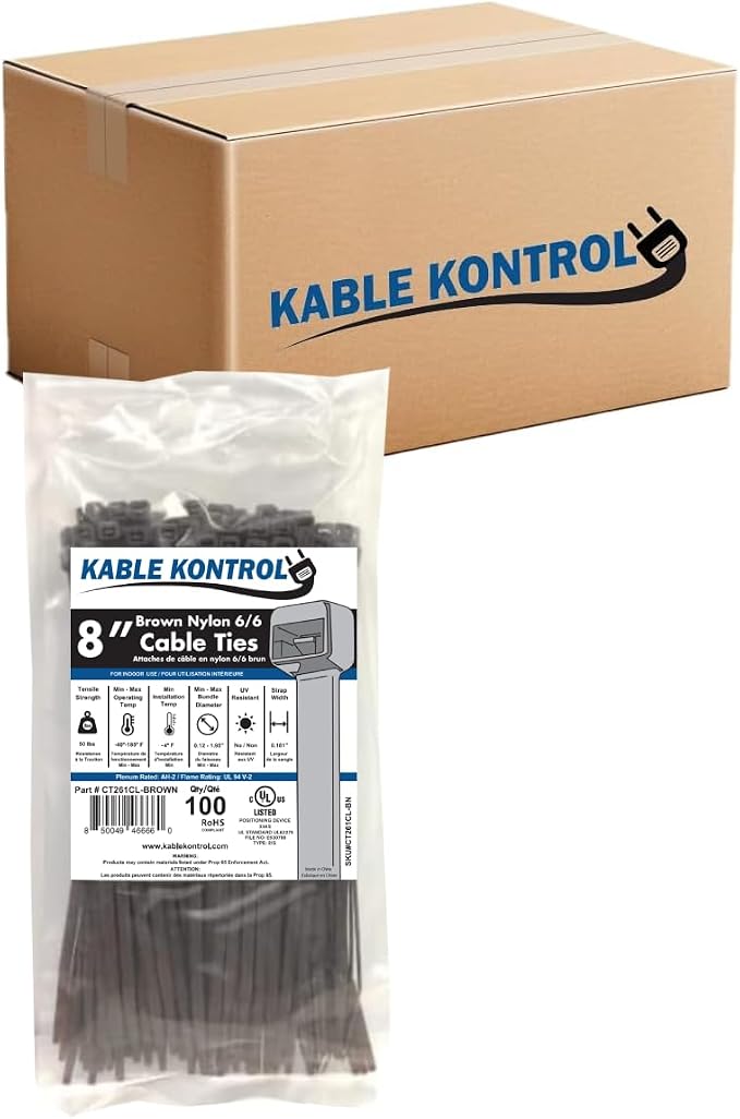 Kable Kontrol Brown Zip Ties 8 Inch 10,000 Pcs, 50 Lbs Tensile Strength, Bulk Pack, Self-locking Nylon Colored Cable Ties Wire Wraps for Indoor or Outdoor Use