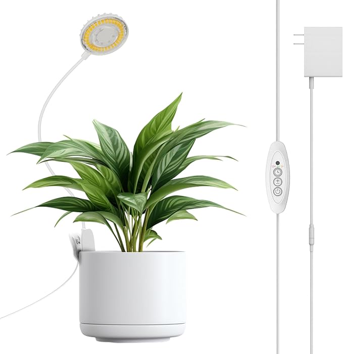 12W White Clip-On Grow Light for Indoor Plants, Pot Clip Plant Light with Flexible Gooseneck, 4000K Full Spectrum, 3/6/12H Auto Timer, 4 Dimmable Levels for Desk, Windowsill