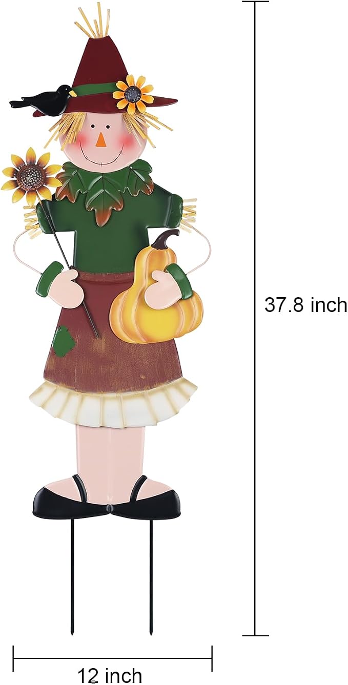 YEAHOME Outdoor Fall Decor, Metal Girl Scarecrow Garden Stakes with Sunflowers & Pumpkin for Fall Decorations, Scarecrow Yard Signs for Outside Garden Lawn Porch Thanksgiving Decorations Outdoor
