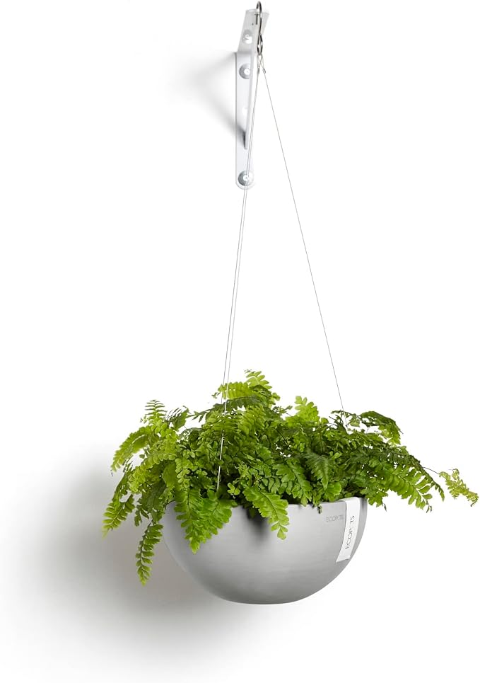 Ecopots Hanging Brussels Durable Modern Round Indoor/Outdoor Recycled-Based Composite Flower Pot Planter, White Grey, 10.5"