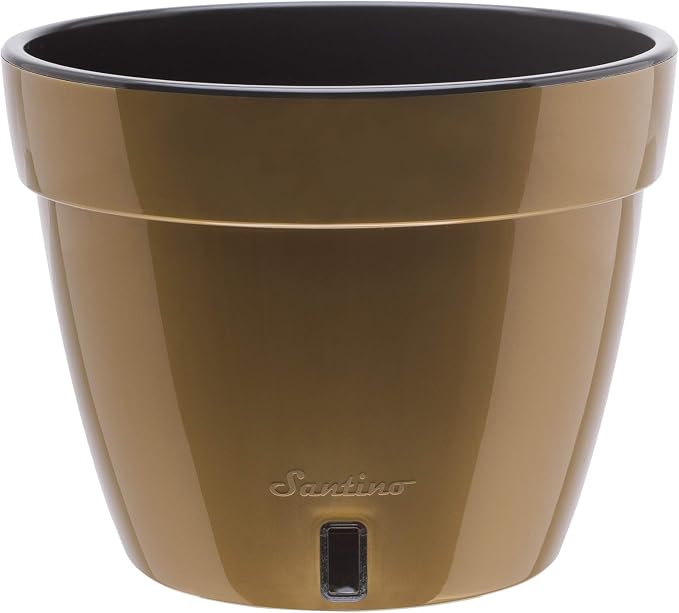 DECOPOTS - 3 Pack - Self Watering Planter - Modern Flower Pot with Water Level Indicator - 6.3" Tall - for All House Plants, Flowers, Herbs (Diameter 7.9", Gold - Black)