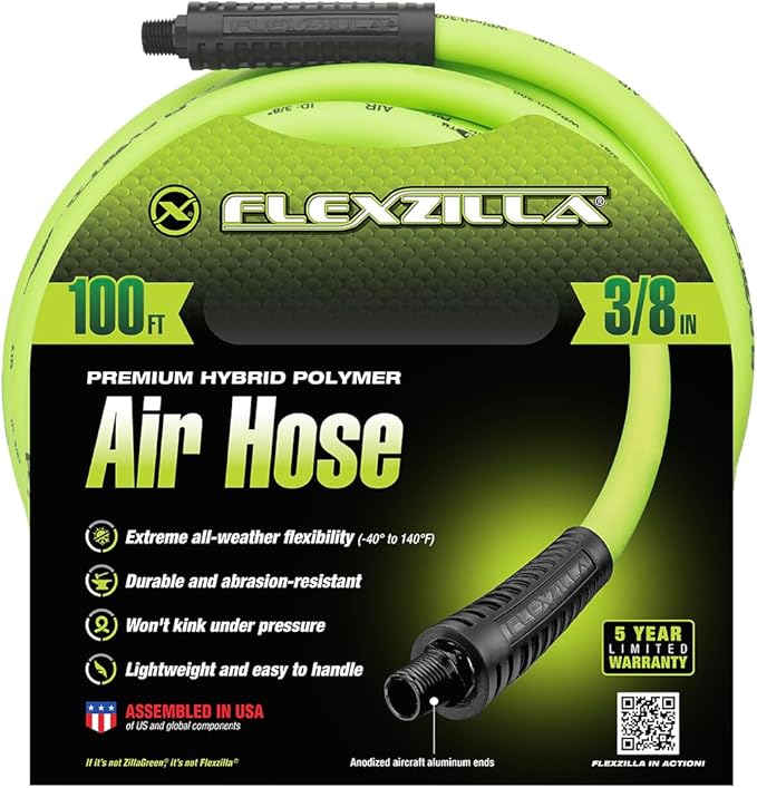 Flexzilla Air Compressor Hose, 3/8 in. x 100 ft., 1/4 in. MNPT Fittings, No-Kink, All Weather, Lightweight, Premium Hybrid Polymer, 300 PSI, ZillaGreen