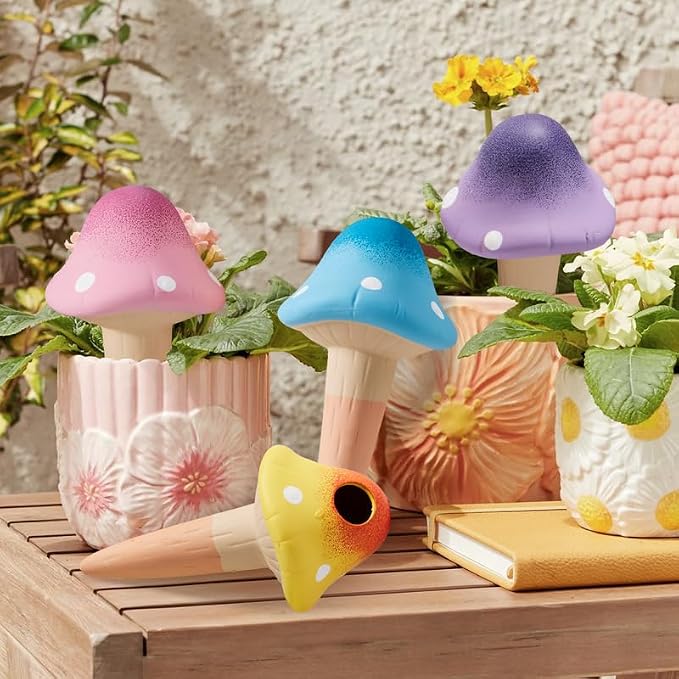 Yeswhat Self Watering Plant Spikes 4 Pack, Terracotta Mushroom Automatic Plant Waterer for Indoor Outdoor Plants, Slow Release Watering Stakes, Vacation Watering Devices for Potted Plants Garden Decor
