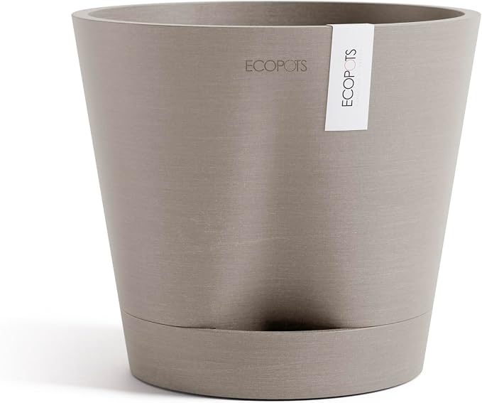 Ecopots Venice 2 Durable Modern Round Indoor/Outdoor Recycled-Based Composite Flower Pot Planter w/Water Reservoir, Taupe, 8"