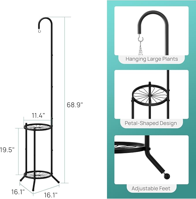 2-Tier Hanging Plant Stand, Heavy Duty Metal Planter Rack - Space Saving Indoor/Outdoor Shelves with 41" Hanging Space - Display Multiple Flower Pots, Tall Iron Plant Organizer for Living Room, Patio & Garden