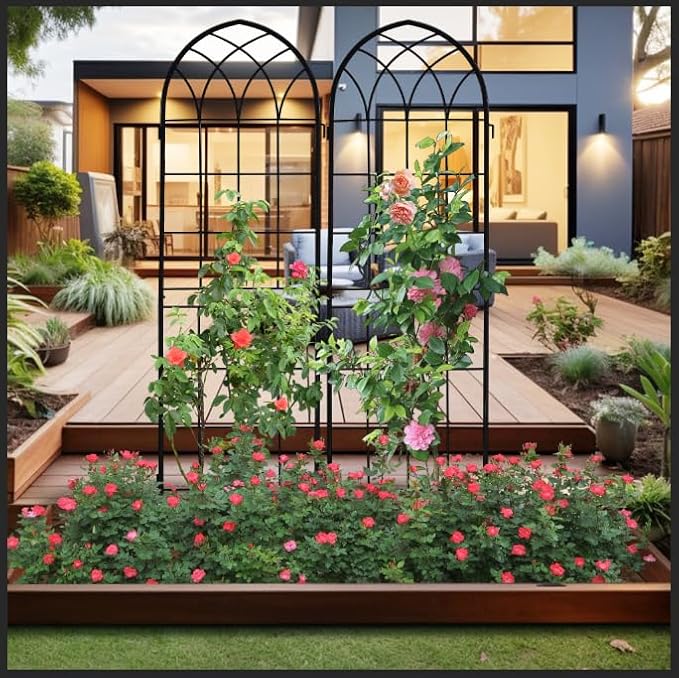 LZRS 2 Pack 71x20in Rustic Iron Arch Decoration Garden Trellis with Black Metal Coating – Perfect for Supporting Climbing Plants Outdoor, Roses, Vines, Flowers, and Vegetables.