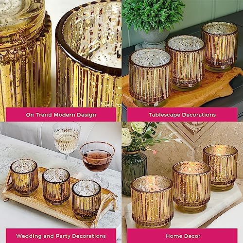 Kate Aspen Gold Votive Candle Holders - Vintage Ribbed Glass Candle Holder Set of 6 - Mercury Glass Tealight Holders for Christmas Table Decor, Holiday Centerpieces, Fall Thanksgiving Tablescape - Image 5