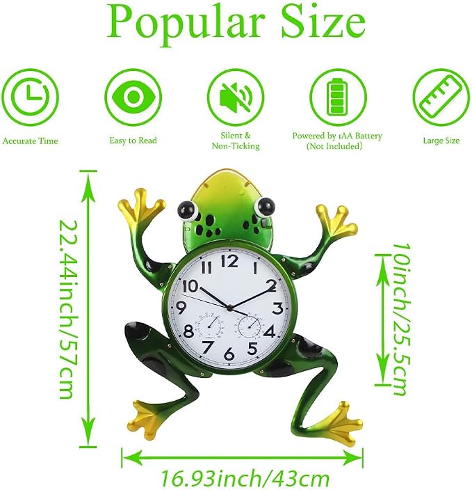 Large Outdoor Clock, Frog Outdoor Wall Clock with Thermometer & Humidity, Silent Non-Ticking Outside Clock for Patio, Living Room, Kitchen
