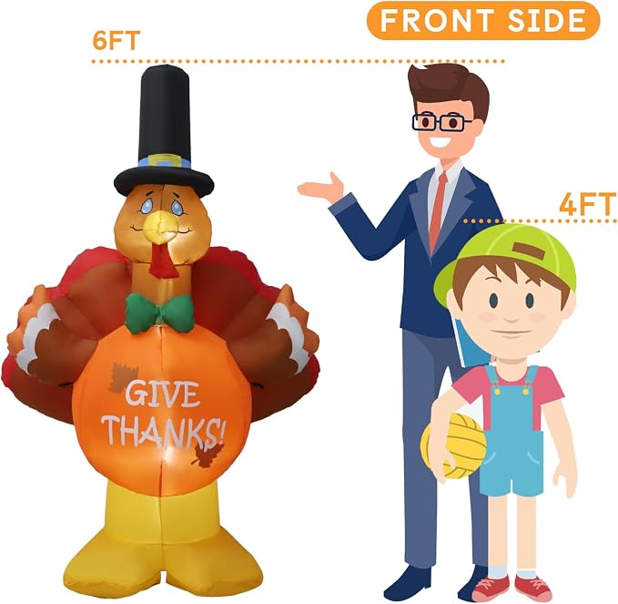 6ft Thanksgiving Inflatable Outdoor Decoration Turkey Inflatable Patio Decoration with Built-in LED Lights, Suitable for Thanksgiving Holiday Party, Patio, Lawn, Garden Winter Decoration