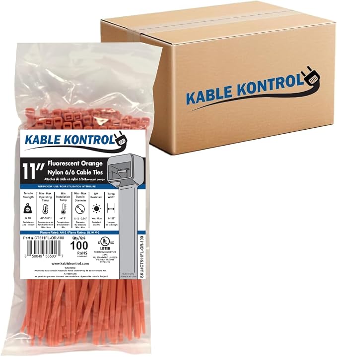 Kable Kontrol Fluorescent Orange Zip Ties 11 Inch 8,500 Pcs, 50 Lbs Tensile Strength, Bulk Pack, Self-locking Nylon Colored Cable Ties Wire Wraps for Indoor or Outdoor Use