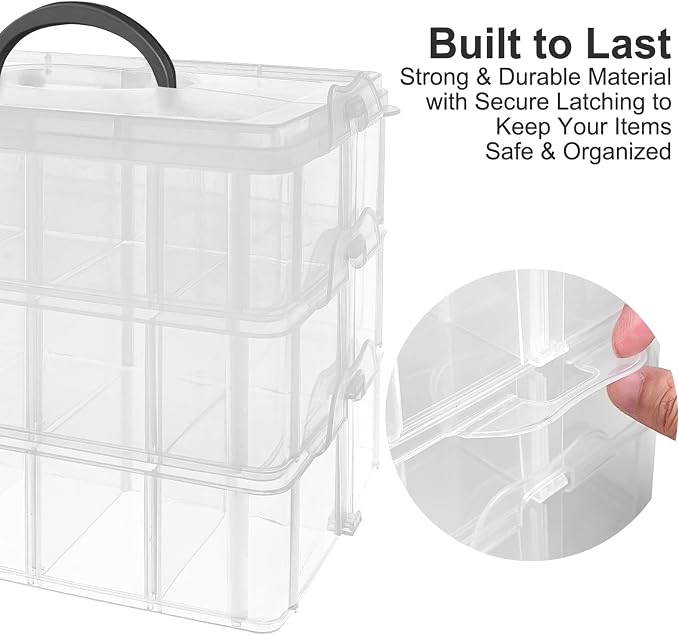 3-Tier Stackable Storage Container Box, 30 Compartments - Upgraded Large Clear Craft Organizer with Dividers for Beads, Small Toys, Jewelry, Washi Tape & Sewing Supplies