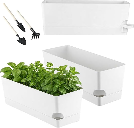Party Zealot Window Boxes Planters, 3 Pack Self Watering Pots for Indoor Plants 17 Inch Rectangular Planter Rectangle Flower Pots Long Plant Pot Large Window Sill Herb Planter Box, White