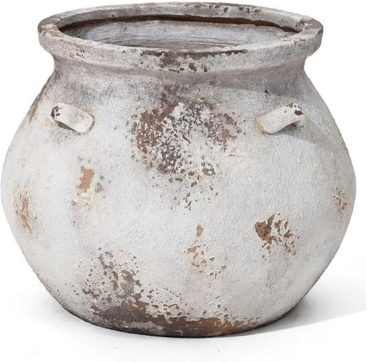LuxenHome 15'' Dia Round Large Plant Pots, Off White Indoor Outdoor Planters with Drainage Holes, Rustic Distressed Flower Pot for Plants, Handmade Concrete Planter Pot for Home Patio Garden