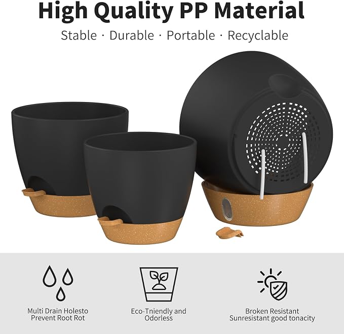 12/10/9 Inch Self Watering Pots for Indoor Outdoor Plants, Set of 3 Large Plastic Planters with Visual Water Window, Drainage Holes & Watering Lip, Modern Decorative Flower Pots (Black)
