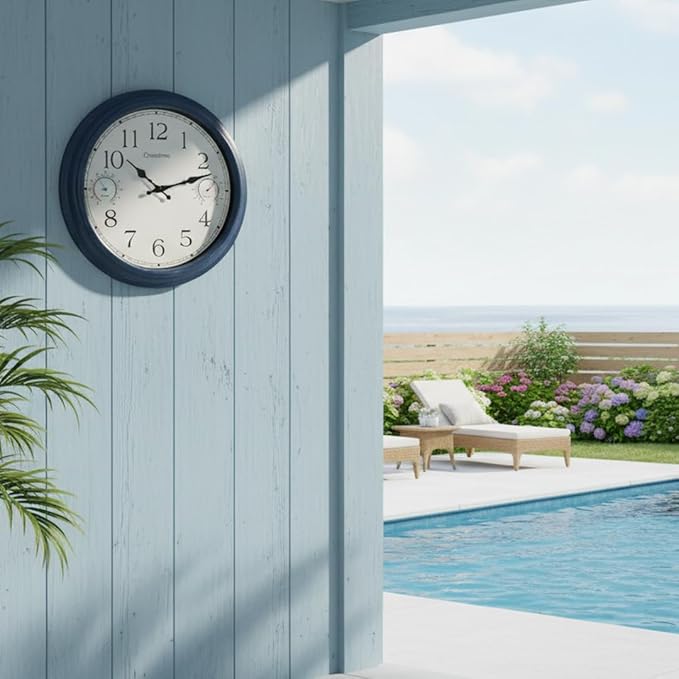 Crosstime 16 Inch Large Outdoor Clock Waterproof with Thermometer & Hygrometer Combo, Coastal Retro Wall Clock for Patio, Pool, Garden, Backyard Decor, Blue