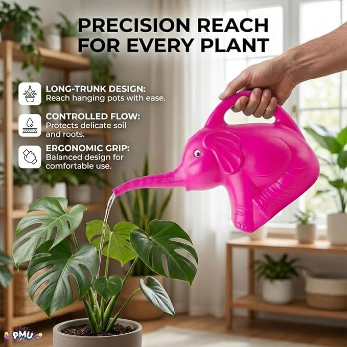 PMU 2-Quart Elephant Watering Can – Durable Plastic Garden Watering Can for Indoor & Outdoor Plants, Easy-Pour Spout, Large Water Pot, Pink