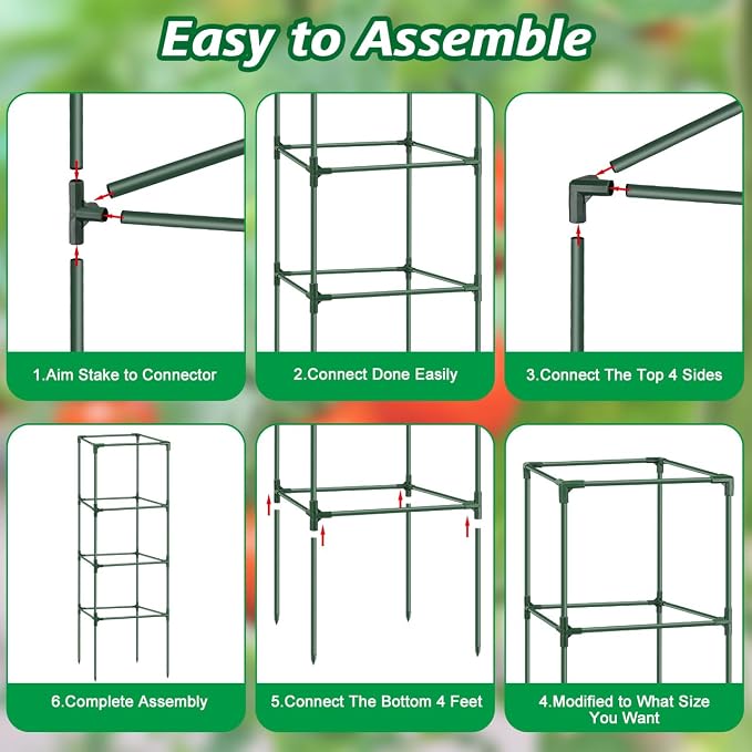6Pack Tomato Cages for Garden,Square Tomato Plant Cage Support Heavy Duty Pole 57*15.4*15.4 Inches,Steel Plant Tower Stakes,Cherry Tomato Trellis Cucumber for Climbing Vegetables Flowers Fruits-Green