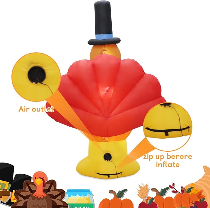 6ft Thanksgiving Inflatable Outdoor Decoration Turkey Inflatable Patio Decoration with Built-in LED Lights, Suitable for Thanksgiving Holiday Party, Patio, Lawn, Garden Winter Decoration