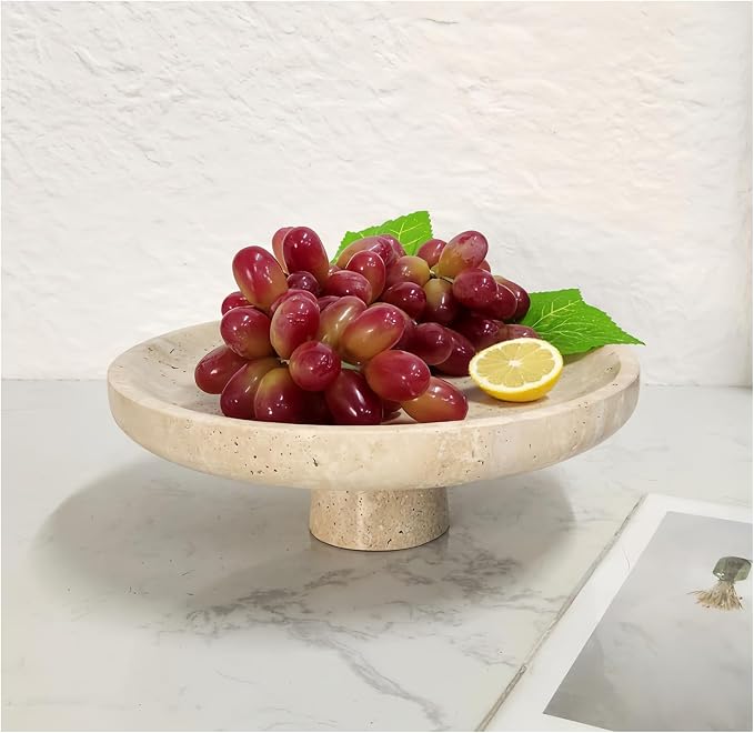 Natural Travertine Fruit Bowl for Kitchen Counter 10.2",Large Decorative Bowl & Travertine Bowl Pedestal for Kitchen Counter & Dining Table ,For Entryway, Kitchen Fruit Bowl, Dining Table Centerpiece.