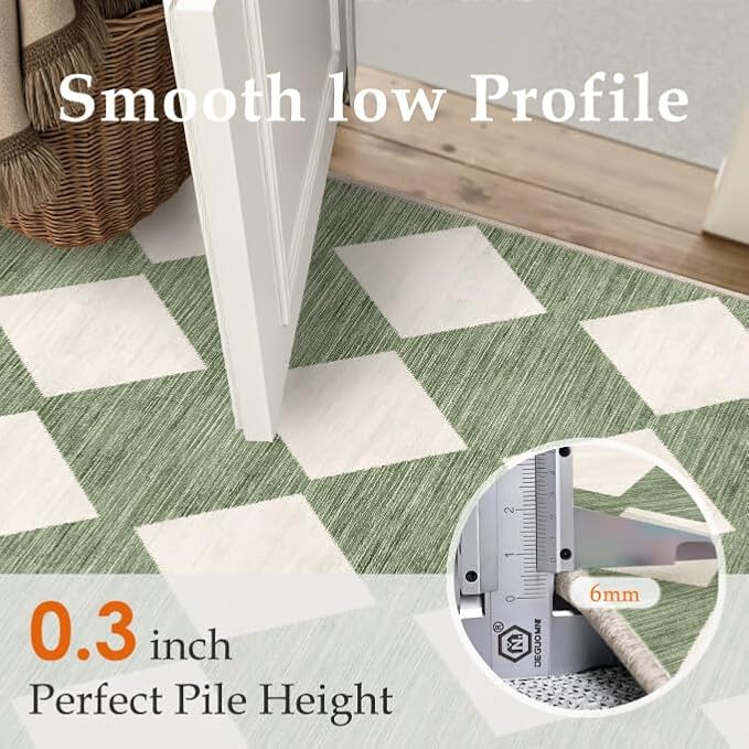 Green 2x8 Washable Runner Rug Kitchen Non Slip Checkered Carpet | Soft, Low Pile, Easy Clean, Diamond Pattern for Hallway, Entryway, Laundry Room, Bathroom, Modern Indoor Decor