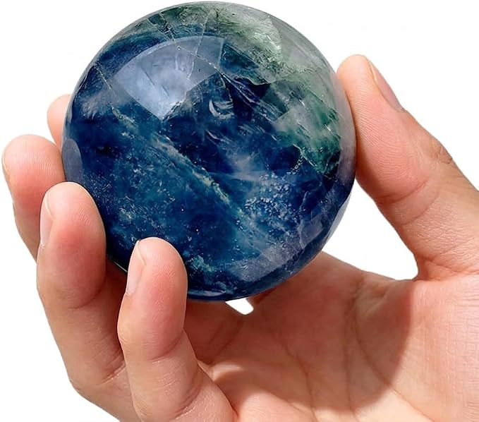 2-2.4 inch Natural Fluorite Crystal Ball with Stand, Hand Polished Colorful Fluorite Sphere, Reiki Healing Energy Stone, Home Desktop Decor Ornament