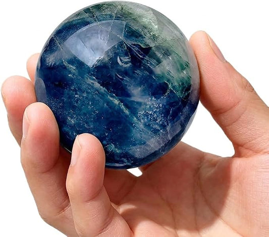 2-2.4 inch Natural Fluorite Crystal Ball with Stand, Hand Polished Colorful Fluorite Sphere, Reiki Healing Energy Stone, Home Desktop Decor Ornament