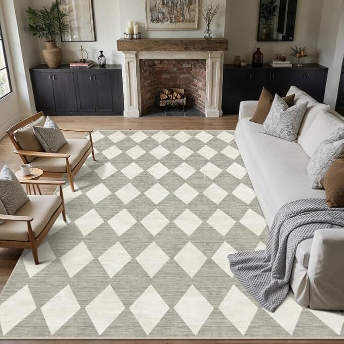 Grey 8x10 Washable Area Rug Living Room Non Slip Checkered Carpet | Soft, Low Pile, Easy Clean, Diamond Pattern for Bedroom, Office, Nursery, Dining Room, Kids Room, Modern Indoor Decor