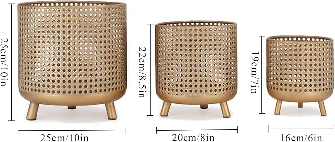 JHY DESIGN Set of 3 Plant Pots 10/8.5/7''H Metal Decoration Flower Pots with Hollow Design Large planters for Indoor & Outdoor Garden Home Balcony Railing Fence Plants(Gold)