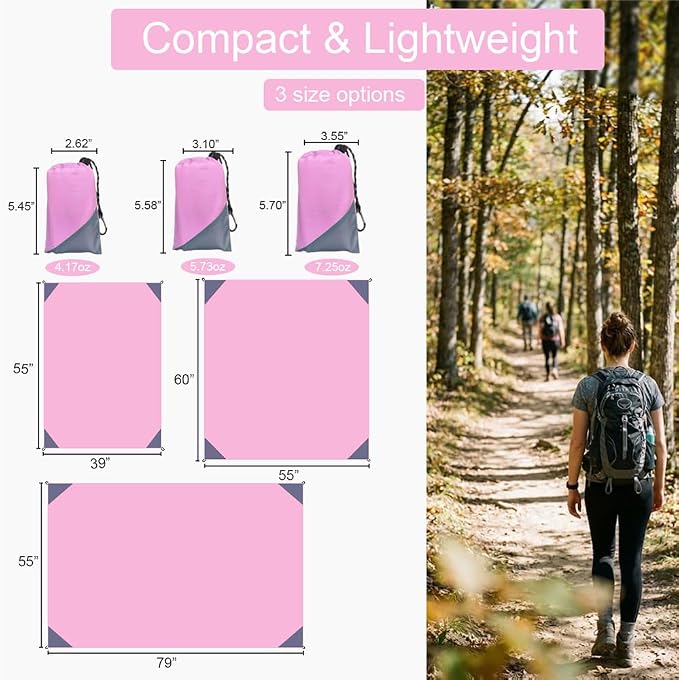 Orga'Neat Pocket Picnic Blanket, Beach Mat Waterproof Sandproof, Compact Lightweight Small Tarp for Camping, Hiking, Backpacking, Festival, Travel, Foldable in Bags (Pink/Grey, 55"x79")