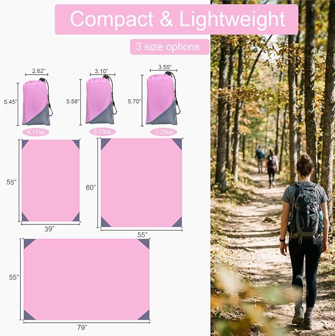 Orga'Neat Pocket Picnic Blanket, Beach Mat Waterproof Sandproof, Compact Lightweight Small Tarp for Camping, Hiking, Backpacking, Festival, Travel, Foldable in Bags (Pink/Grey, 55"x39")