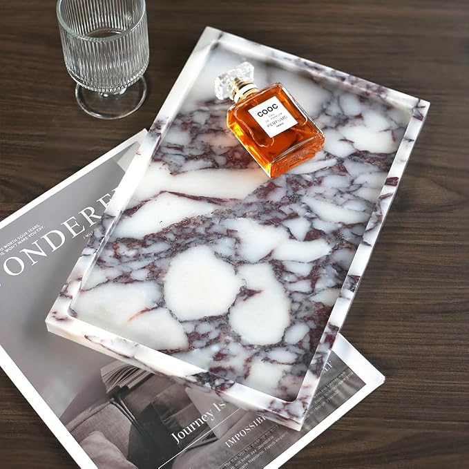 Real Luxurious Natural Marble Vanity Tray Genuine Marble Storage Tray for Home Decor Stone Tray for Bathroom/Kitchen/Vanity/Dresser,Plate Holder for Tissues, Candles, Towel
