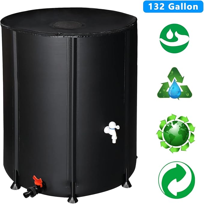 132 Gallon Folding Rain Barrel Water Tank, Portable Water Storage Tank, Rainwater Collection System Downspout, Upgraded Water Catcher Container with Filter (Black, 132 Gallon)