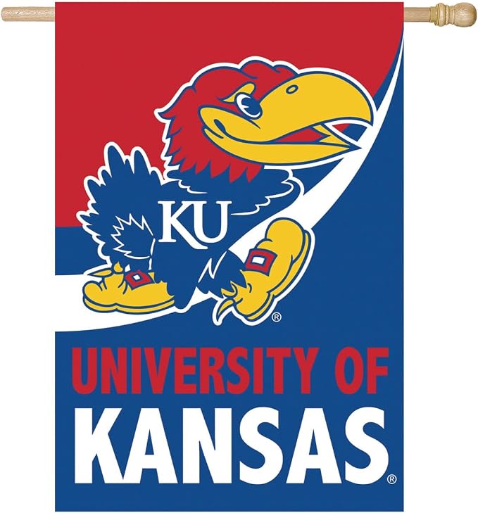 NCAA University of Kansas House Flag, 28 x 44, Double Sided Garden Flags for Outside, Outdoor College Flags & Banners for Gardens Patio, Indoor Wall Decor Flag for Room