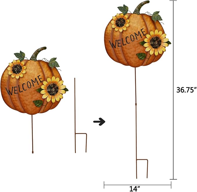 Metal Pumpkin Garden Stakes Welcome Sign Decorative Yard Sign Fall Decor | Autumn Pumpkin Decoration for Harvest Thanksgiving Halloween